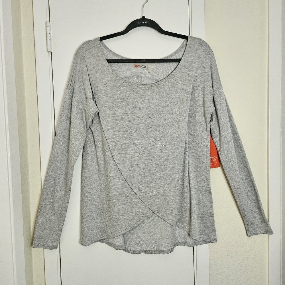 Zella Long Sleeve Silver Slate Grey Workout Top Activewea Tulip Front Size Small